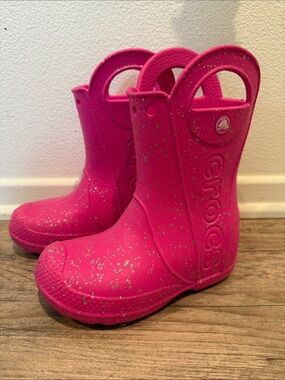 CROCS Kids Pink Glitter Handle Rain Boots